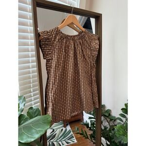 LOFT Petites Brown Geometric Print Ruffle Sleeve Blouse Women's LP Flutter Chain
